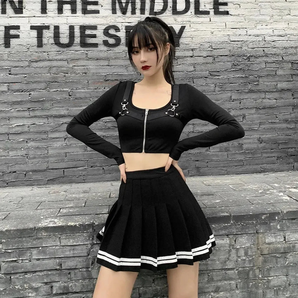 Harajuku Gothic Pleated Mini Skirt – Punk High Waist Patchwork Style