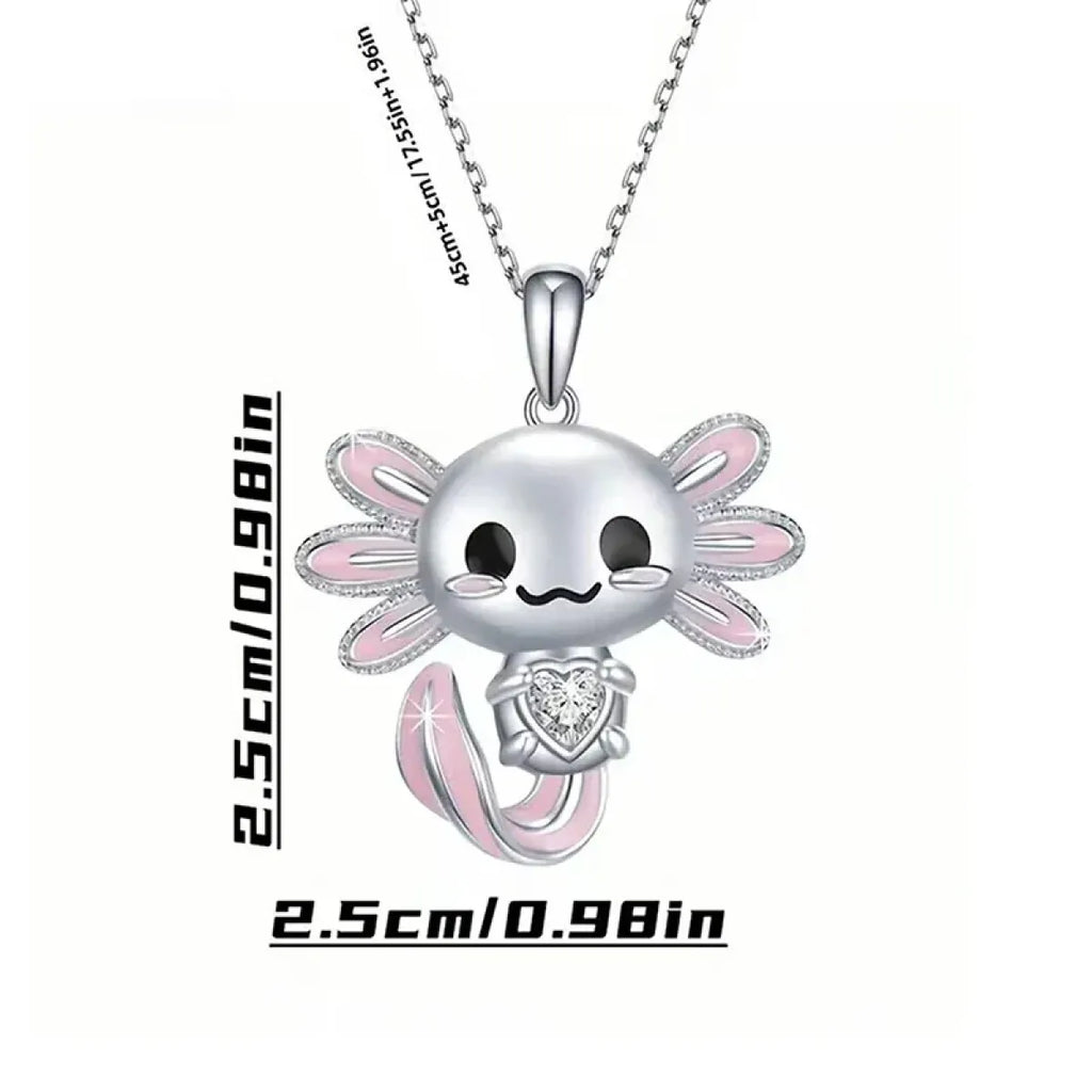Cute Pink Axolotl Necklace - Enamel Pendant with Crystal Charm