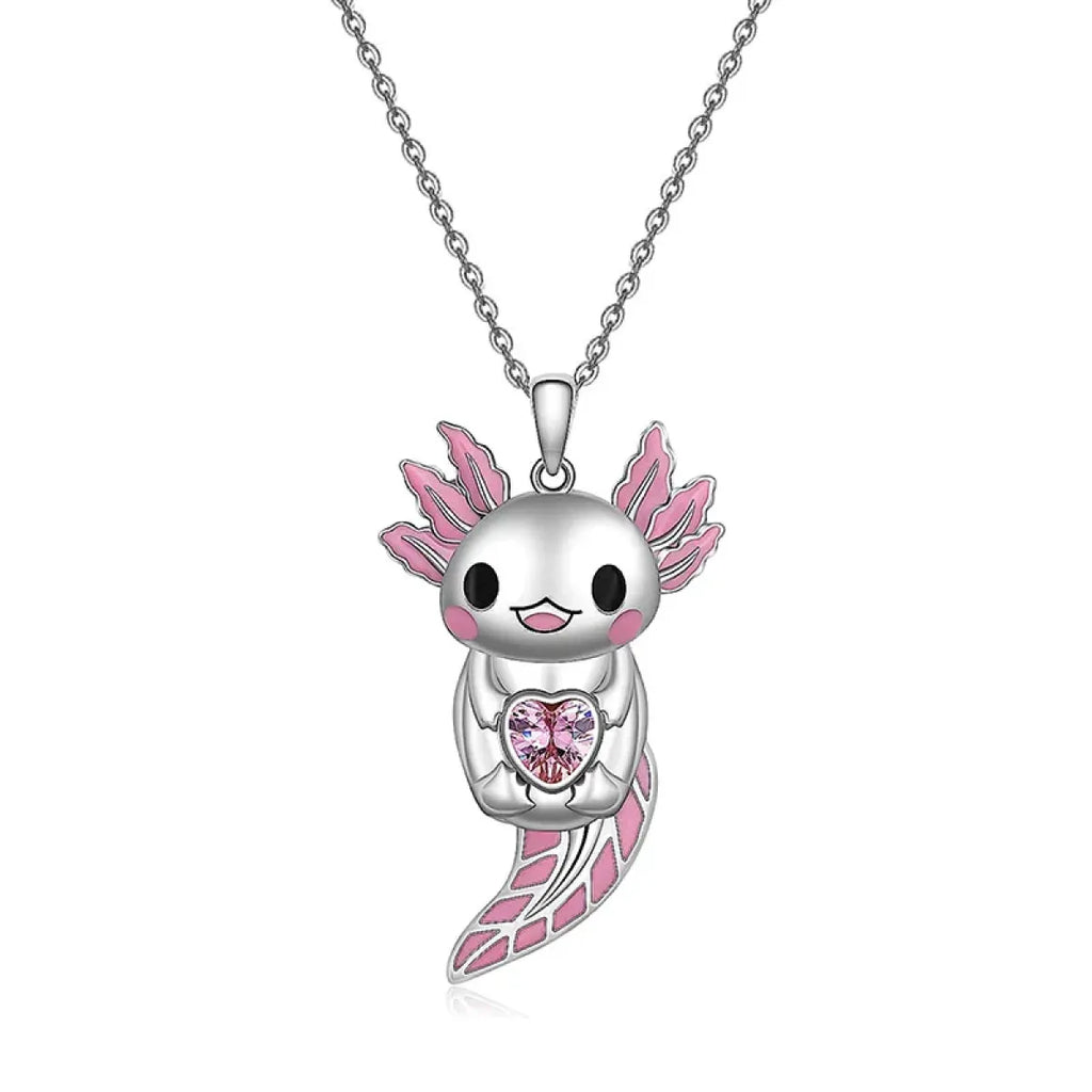Cute Pink Axolotl Necklace - Enamel Pendant with Crystal Charm