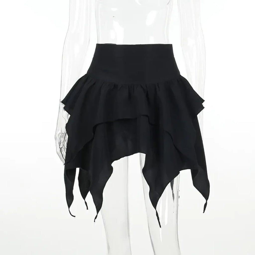 Gothic Punk Ruffle Skirt – Irregular Hem Drawstring Tie-Up Mini Skirt