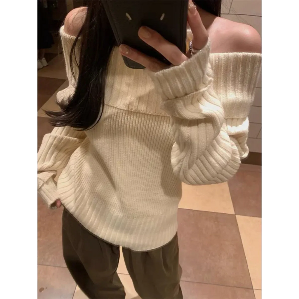 Beige Off Shoulder Knit Sweater – Elegant Harajuku Long Sleeve Pullover