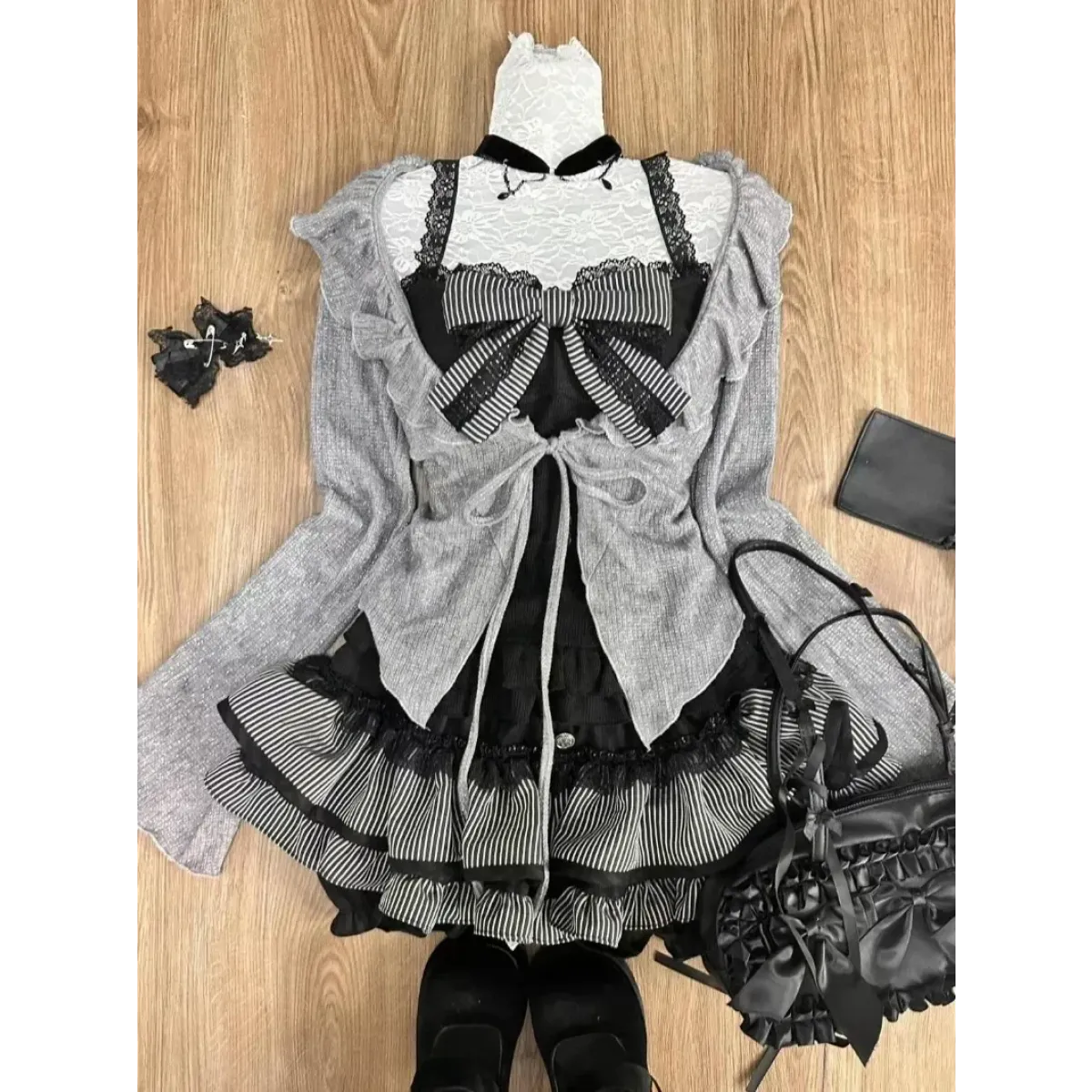 Sweet Lolita 3-Piece Set – Lace-Up Cardigan, Strapless Top, Skirt