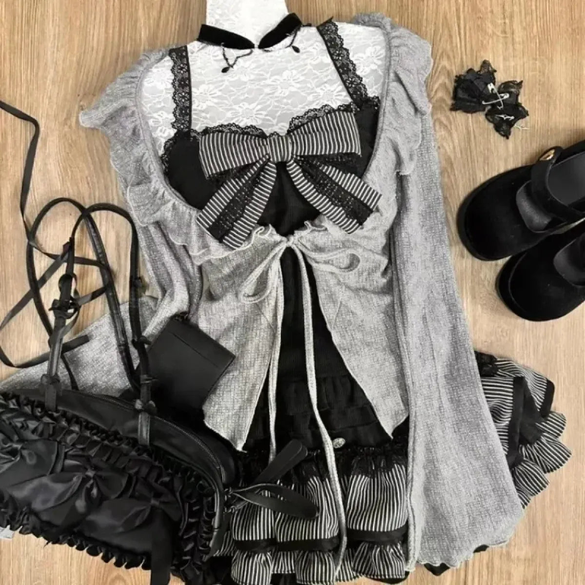 Sweet Lolita 3-Piece Set – Lace-Up Cardigan, Strapless Top, Skirt