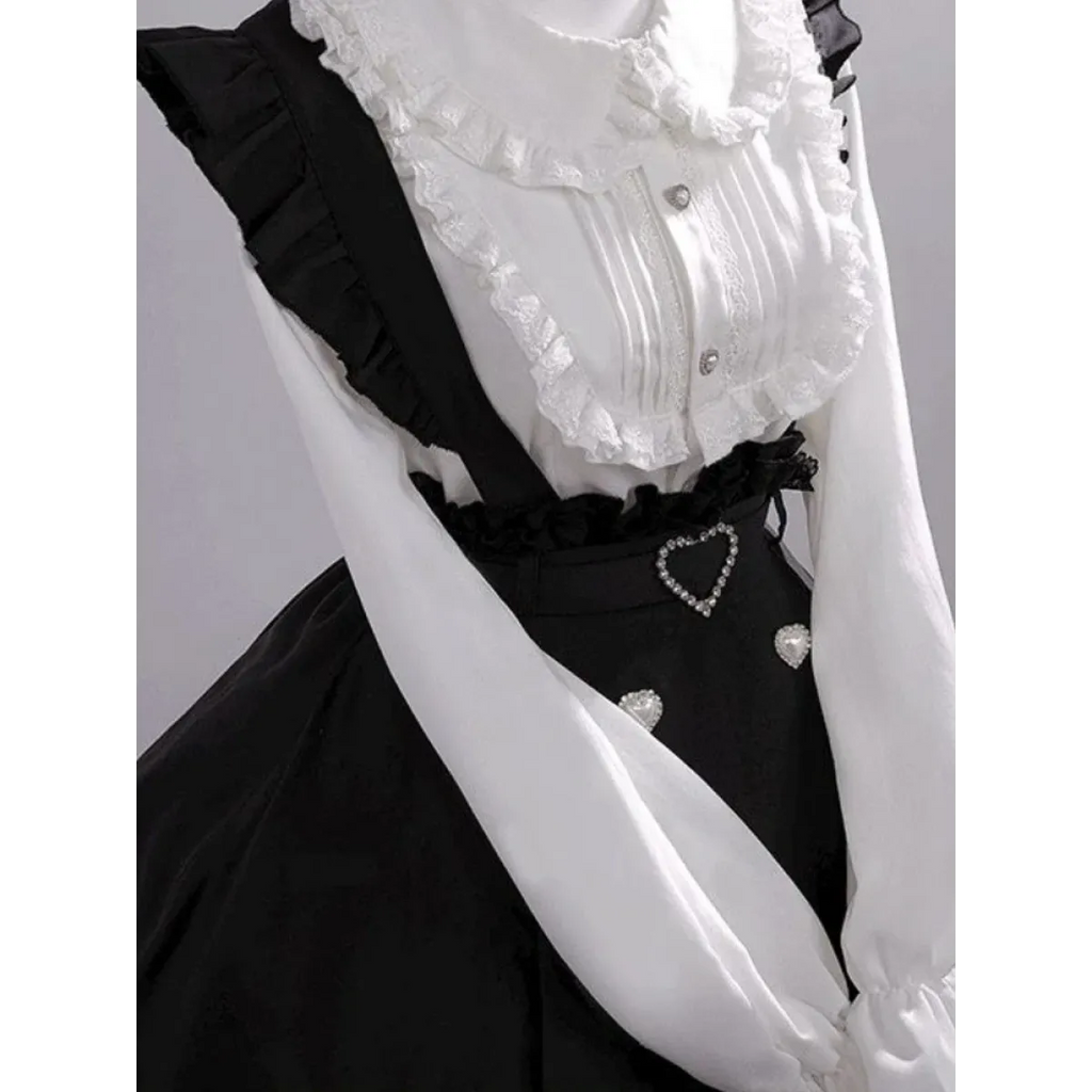Black & White Sweet Lolita Blouse and Dress – Lace Ruffle Bow Detail