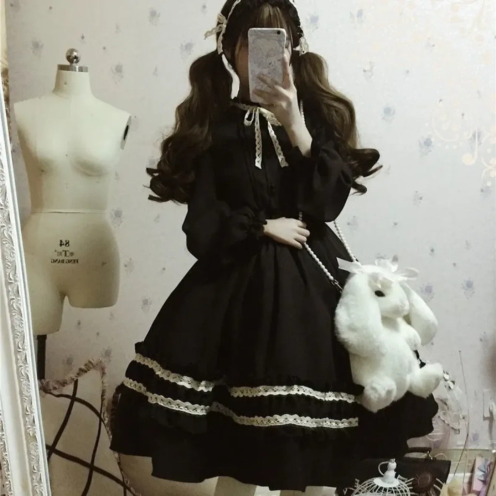 Retro Sweet Lolita Dress – Lace Trim Bowknot Vintage Style