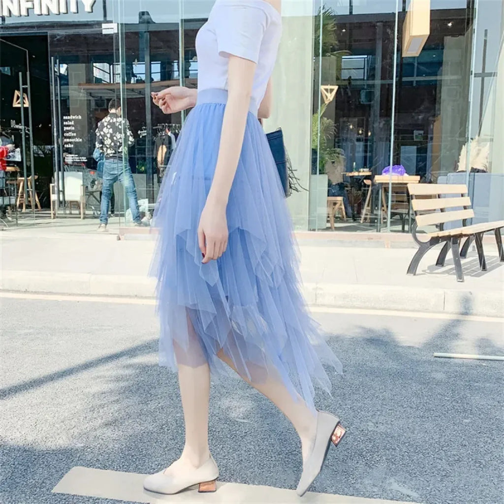 Tulle Midi Skirt for Women - Harajuku High Waist Fashion Summer Tutu