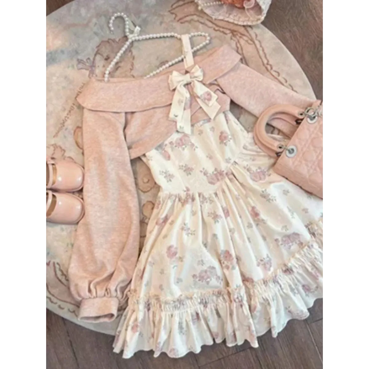 Y2K Sweet Bow Corduroy Top & Floral Dress Set – Gentle Slim Fit