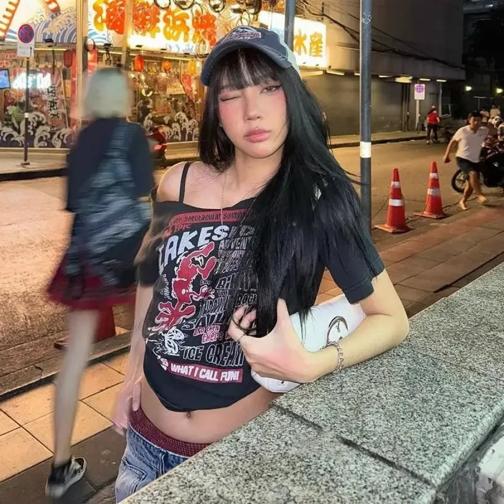 Black Off-Shoulder Graphic Tee – Y2K Grunge Punk Harajuku Crop Top