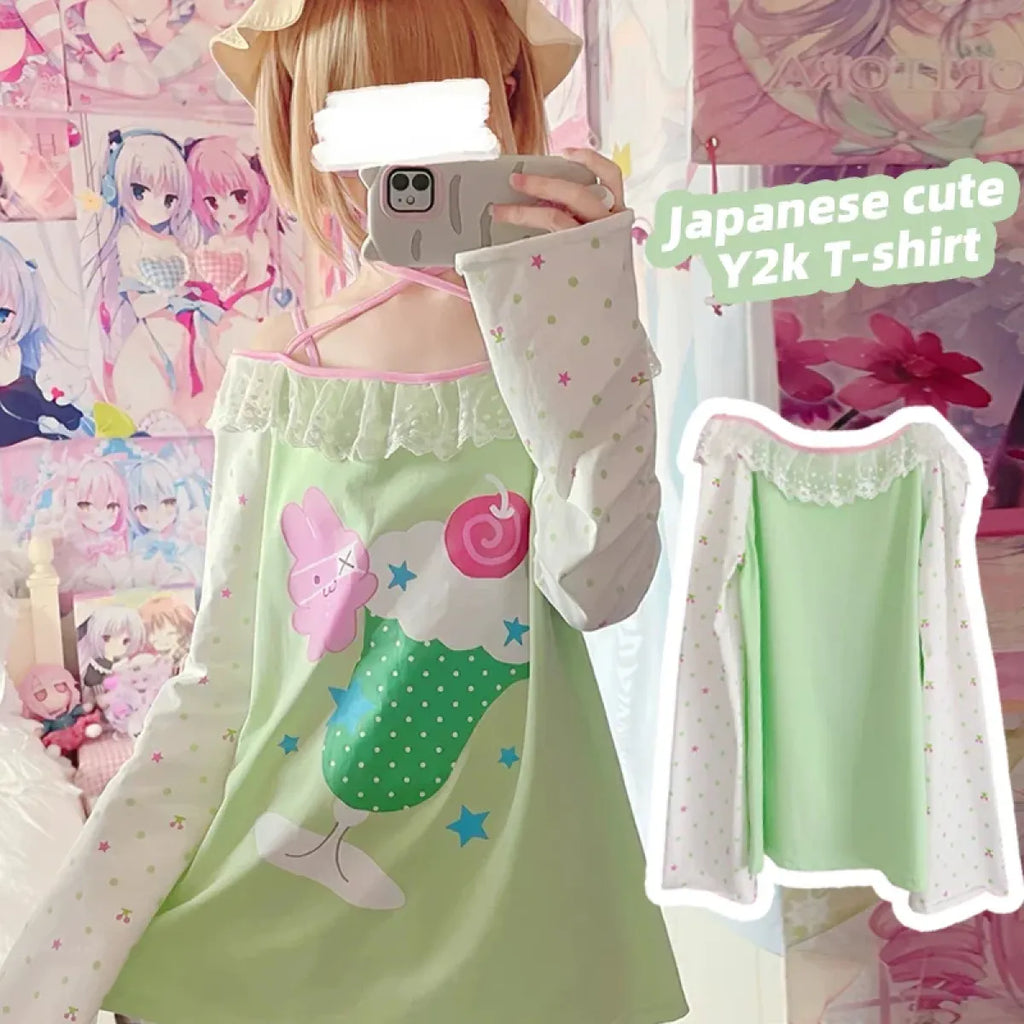 Y2K Kawaii Harajuku Top – Lace Trim Long Sleeve Tee