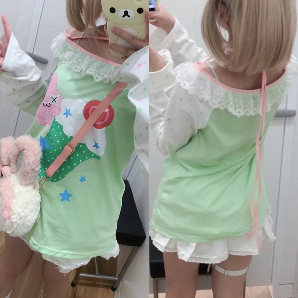 Y2K Kawaii Harajuku Top – Lace Trim Long Sleeve Tee