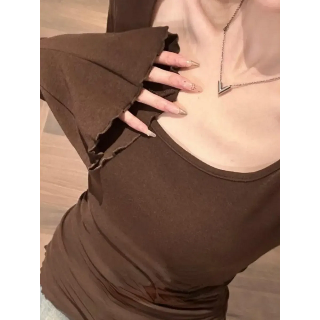 Square Neck Flare Sleeve Top – Y2K Sweet Vintage Slim Fit Tee
